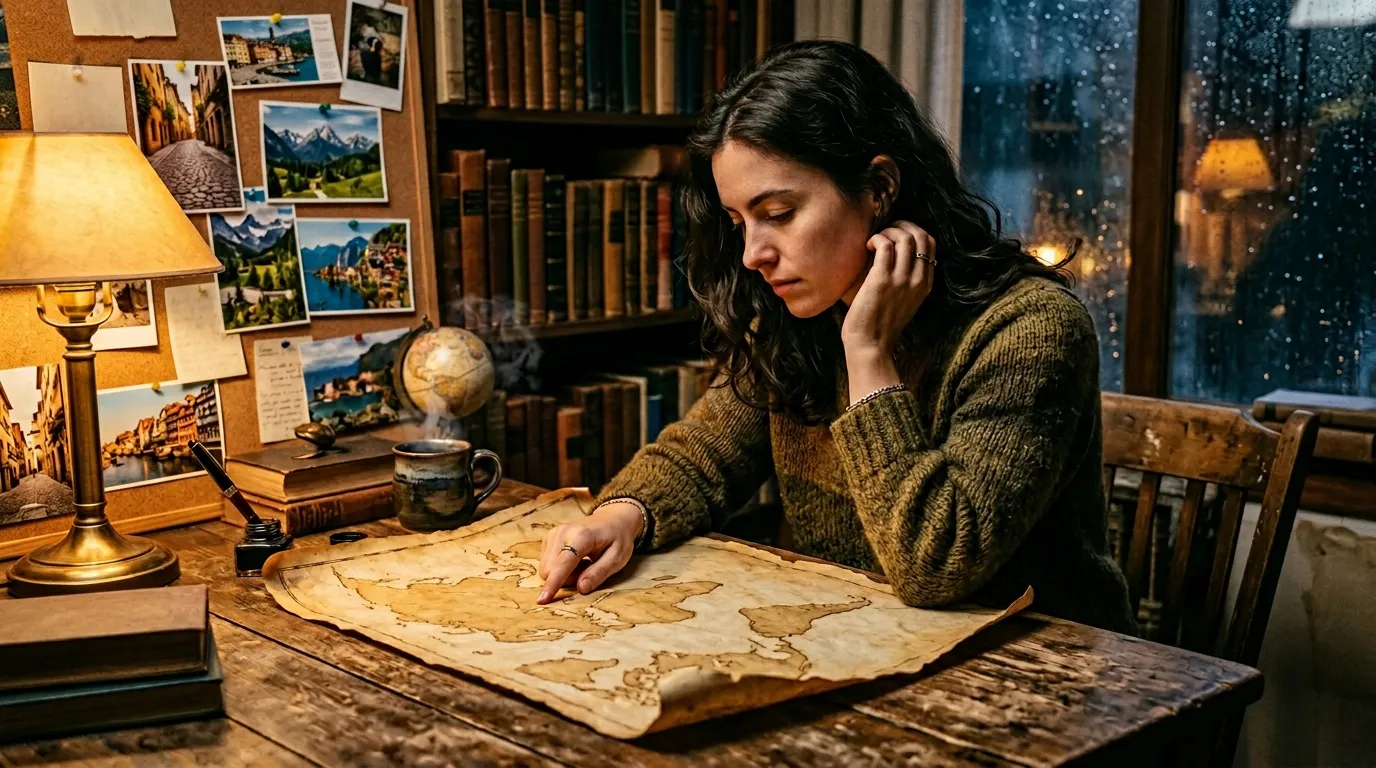 Femme étudiant une carte ancienne dans un bureau cosy