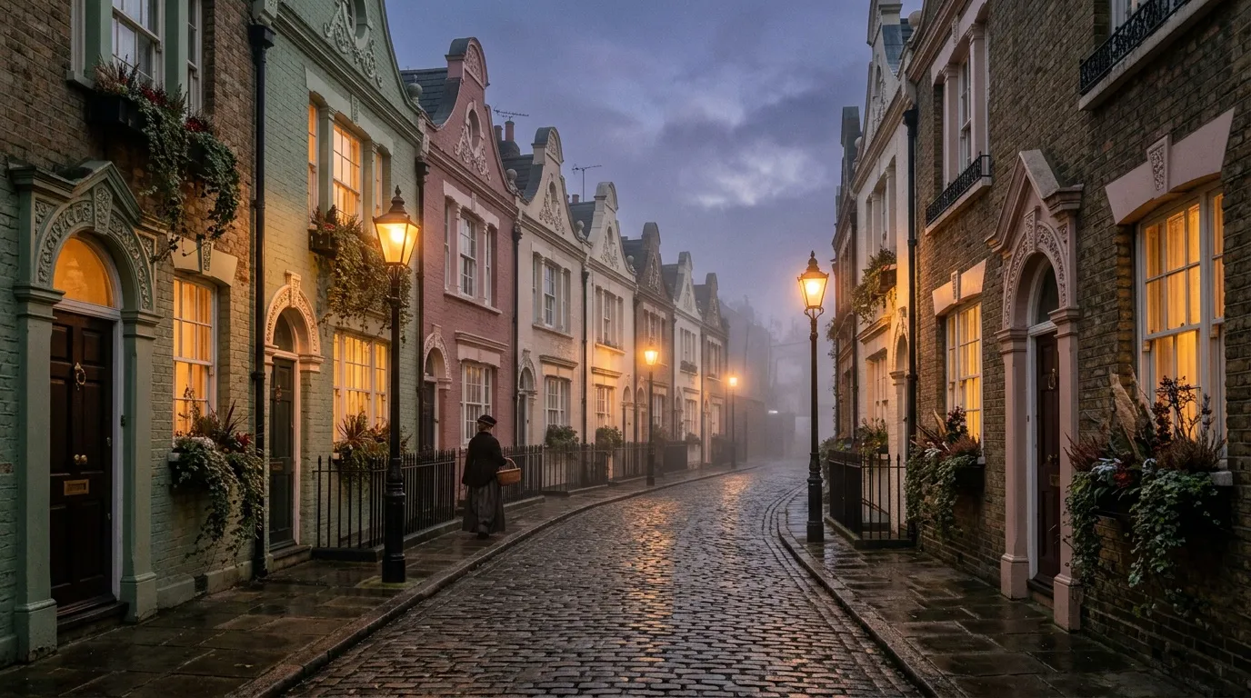 Rue pavée historique avec maisons géorgiennes illuminées au crépuscule