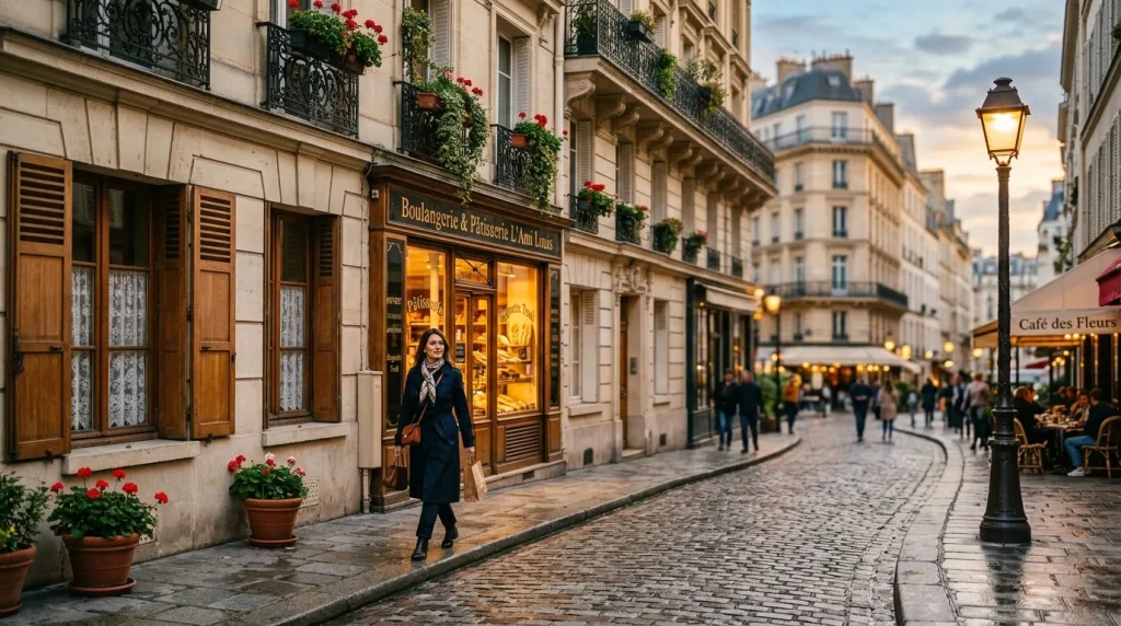 Femme marchant dans une rue pavée parisienne avec boulangerie illuminée