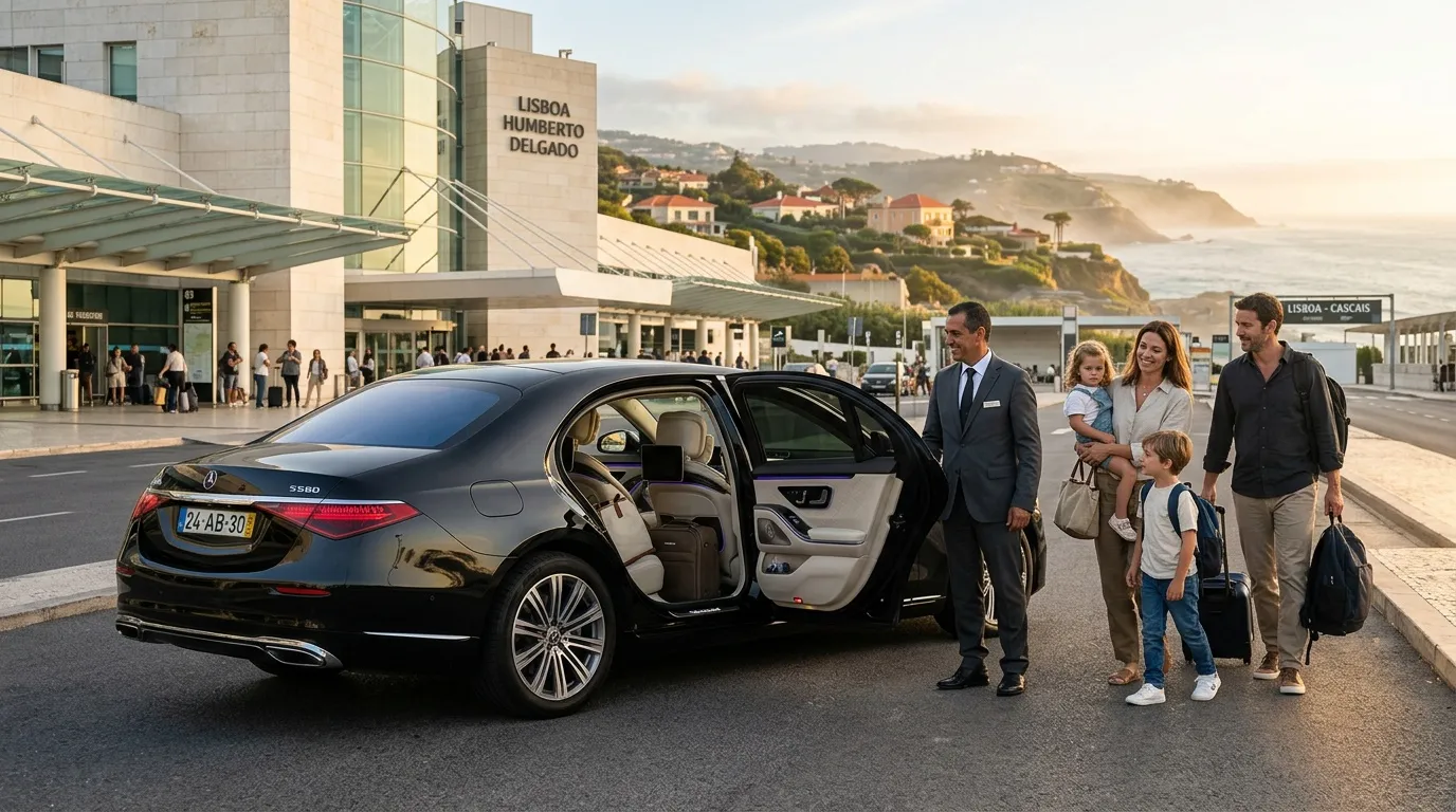 Chauffeur aide famille avec bagages devant voiture noire