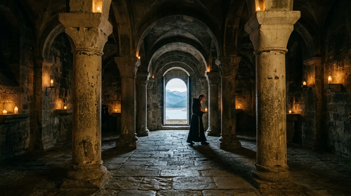 Femme en robe noire dans corridor voûté illuminé, vue sur lac montagneux