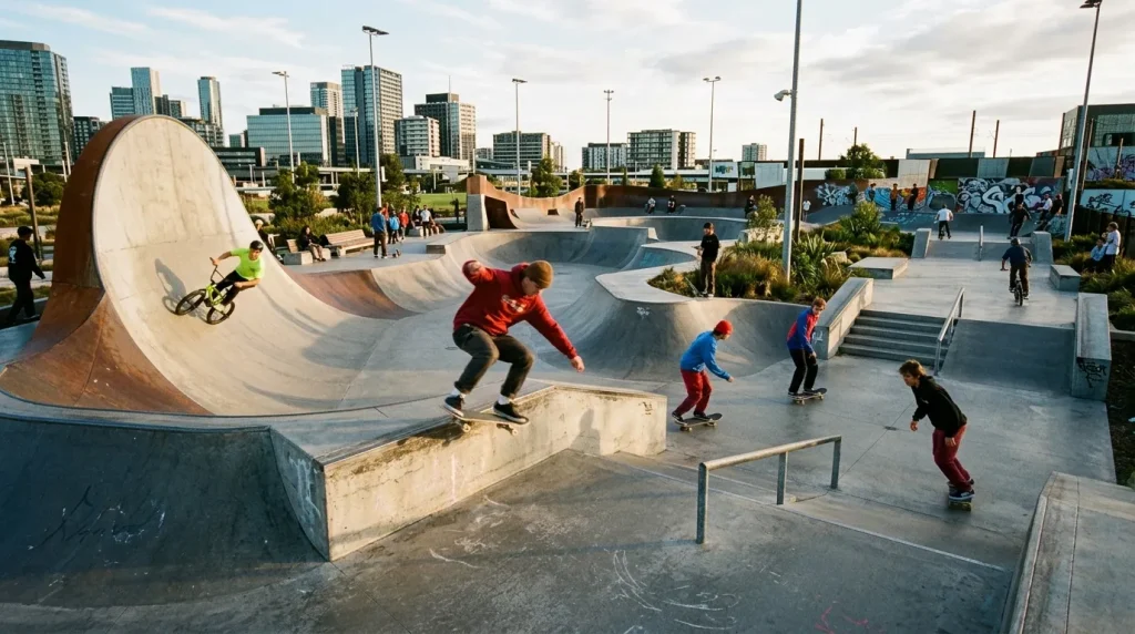 Jeunes skateurs pratiquent dans un skate park moderne citadin
