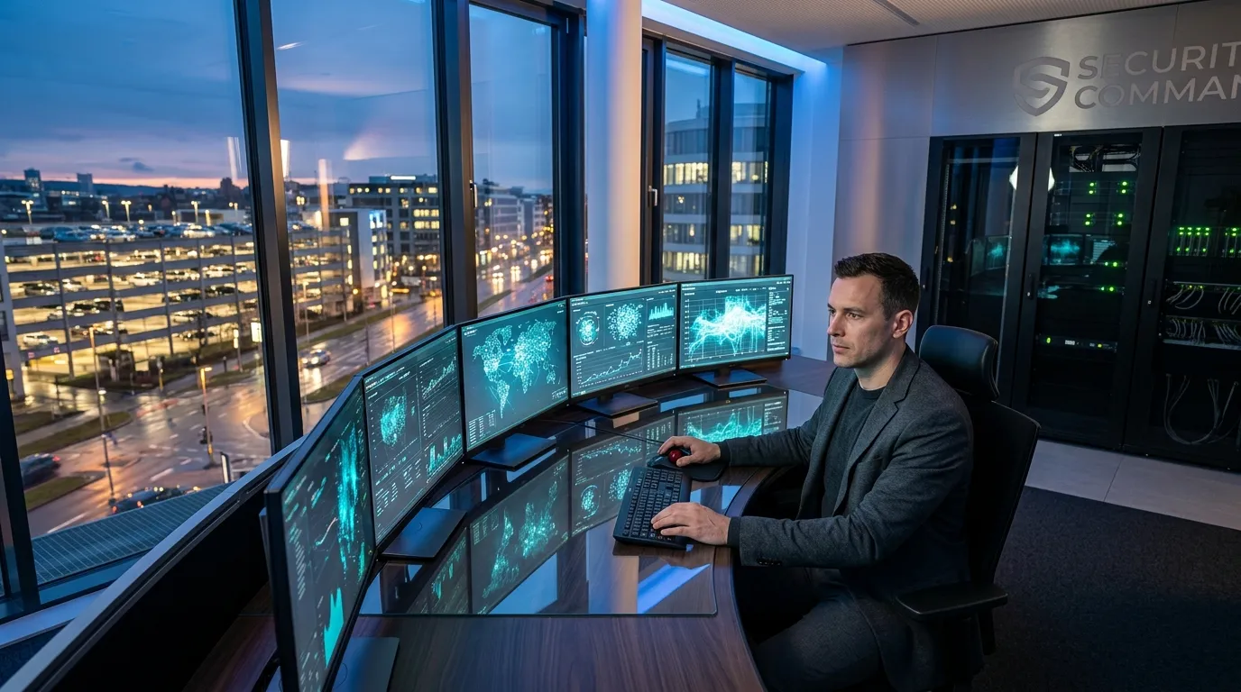 Technicien monitoring données écrans cybersécurité gratte-ciel