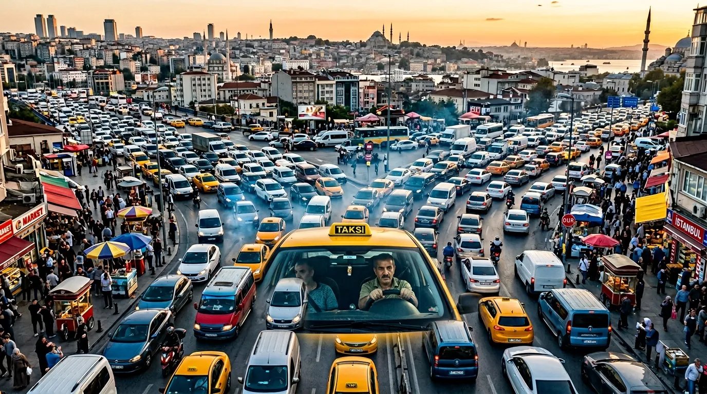 Taxi jaune surplombant une place bondée d'Istanbul au coucher de soleil
