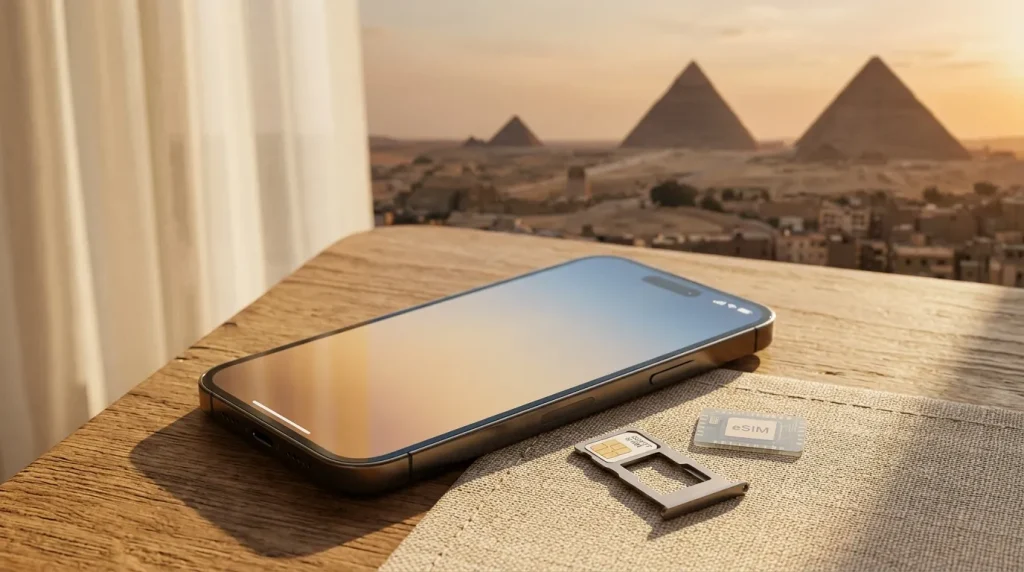 Smartphone avec eSIM devant les pyramides d'Égypte