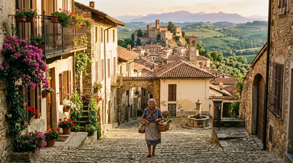 Femme marchant dans ruelle pavée village italien montagne