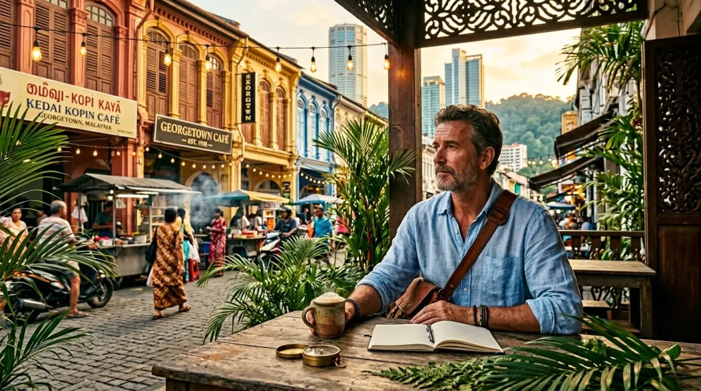 Homme lisant à une terrasse de café historique en Malaisie