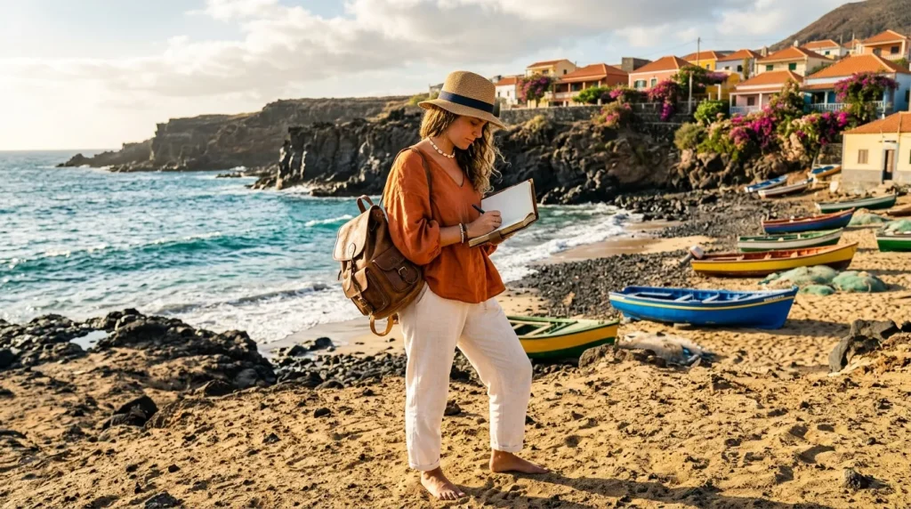 Femme avec carnet sur plage méditerranéenne colorée