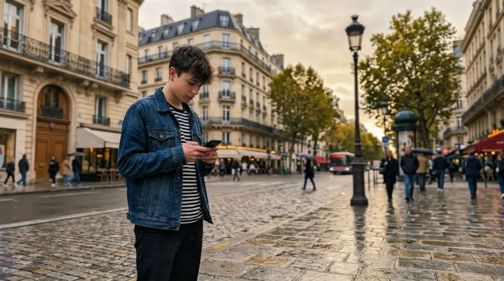 Jeune garçon regardant son téléphone dans une rue parisienne