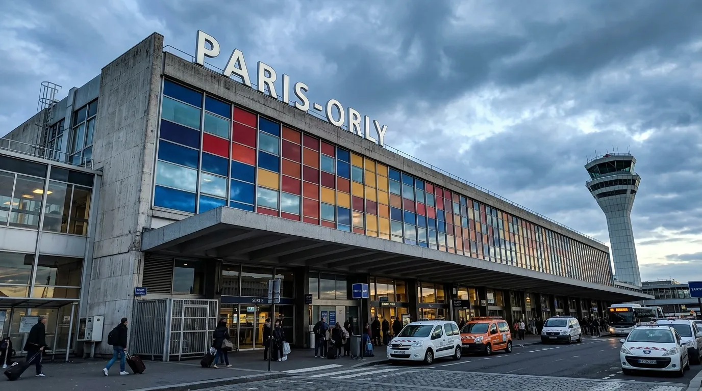 Façade moderne de l'aéroport Paris-Orly avec tour de contrôle