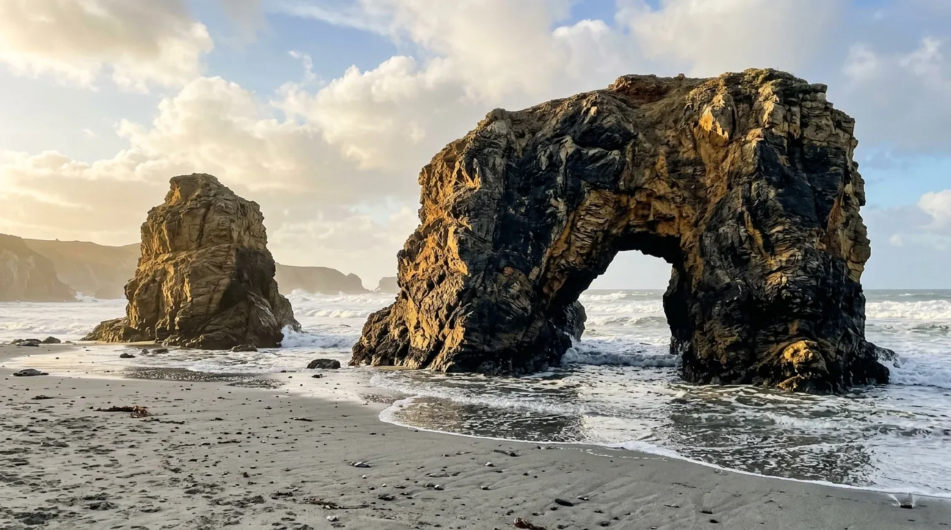 Formations rocheuses naturelles avec arches sur plage de sable gris