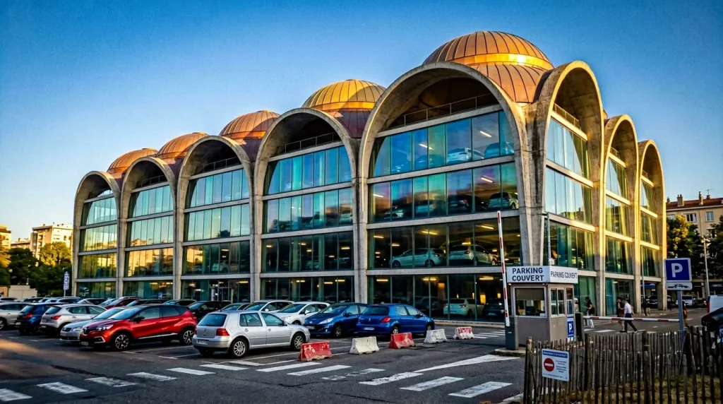 Bâtiment contemporain aux dômes dorés avec parking couvert