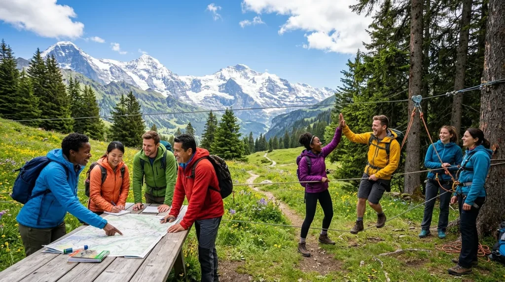 Groupe randonneurs étudient carte montagnes enneigées Alpes