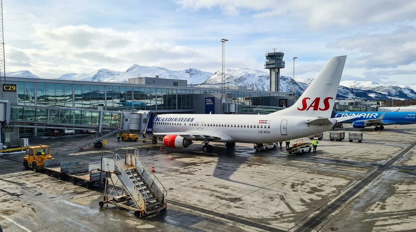 Avion Scandinavian Airlines stationné à l'aéroport OSL, montagnes enneigées.