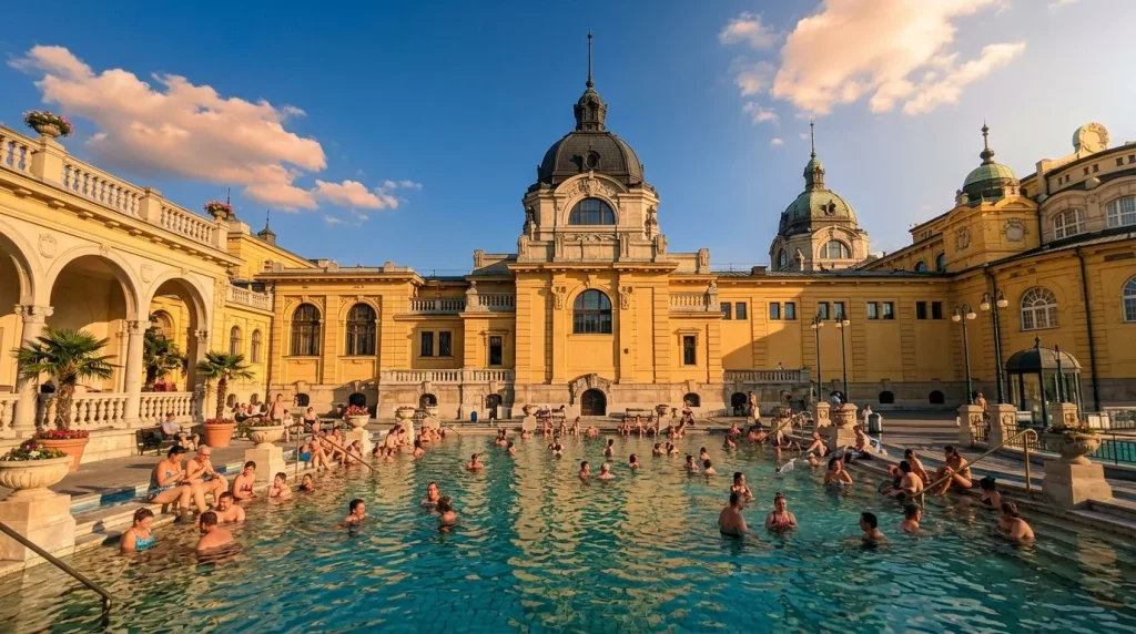 Piscine thermale historique avec architecture jaune ornée et dômes verts