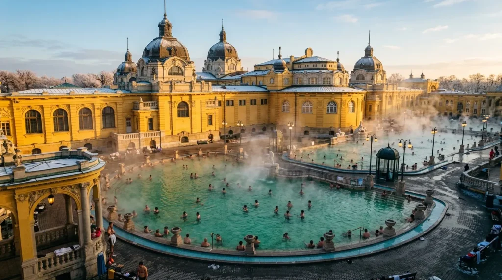 Bâtiment jaune avec dômes bleus, piscines thermales fumantes