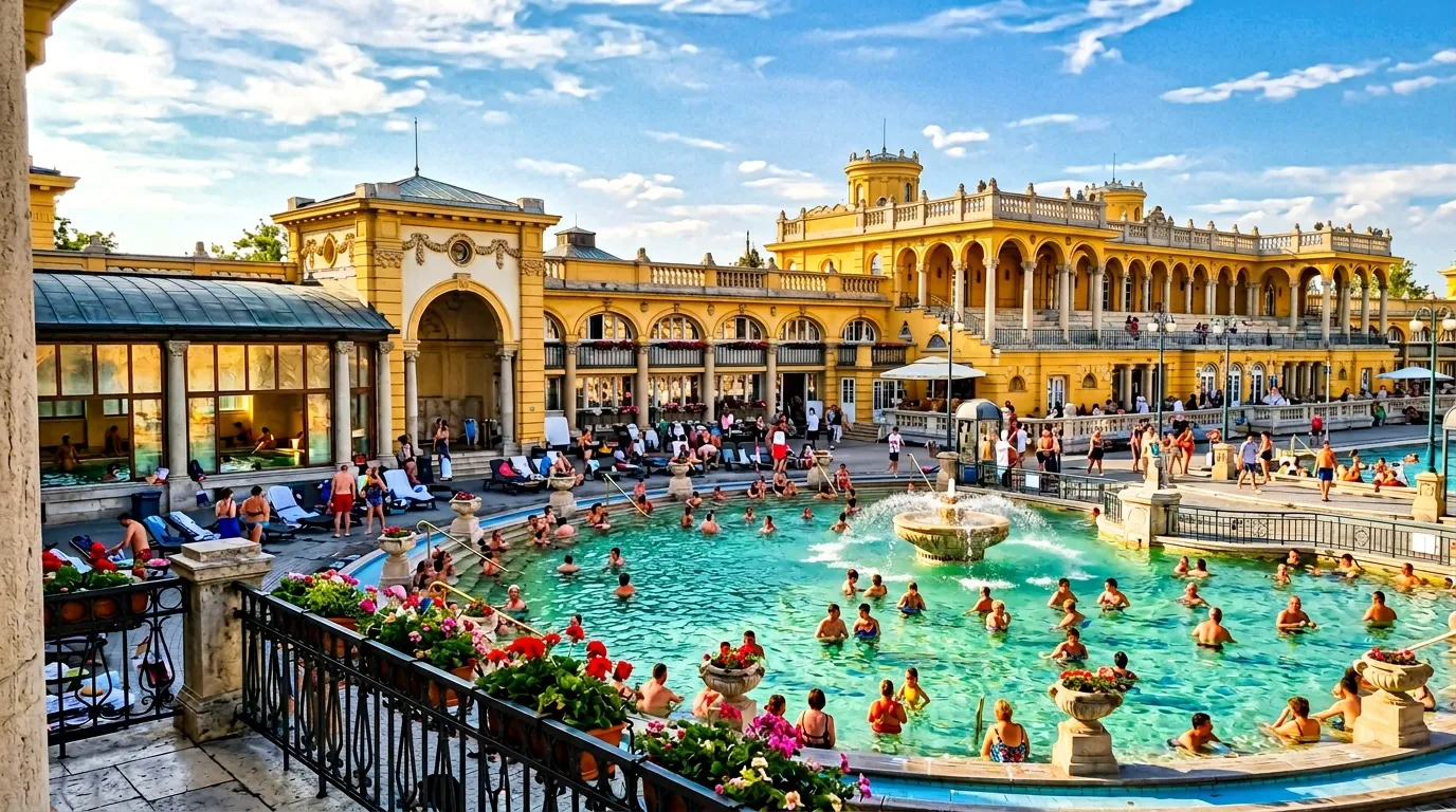 Thermal bath with turquoise water, yellow building, swimmers