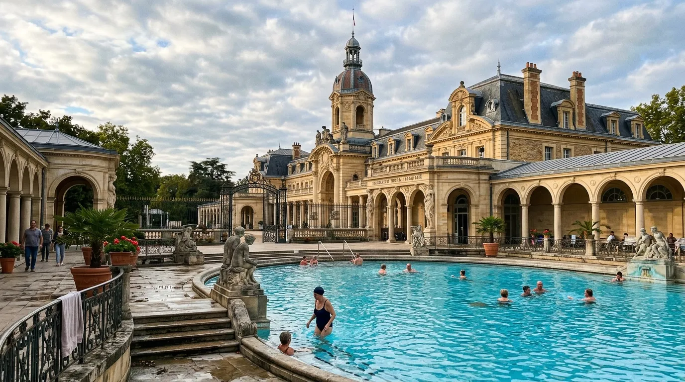 Piscine thermale avec architecture Belle Époque et baigneurs