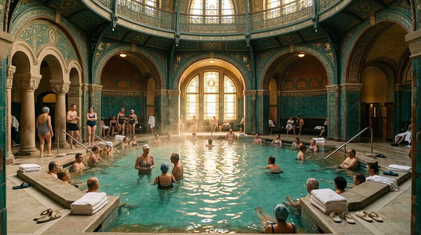 Baigneurs dans une piscine thermale ornée turquoise et dorée