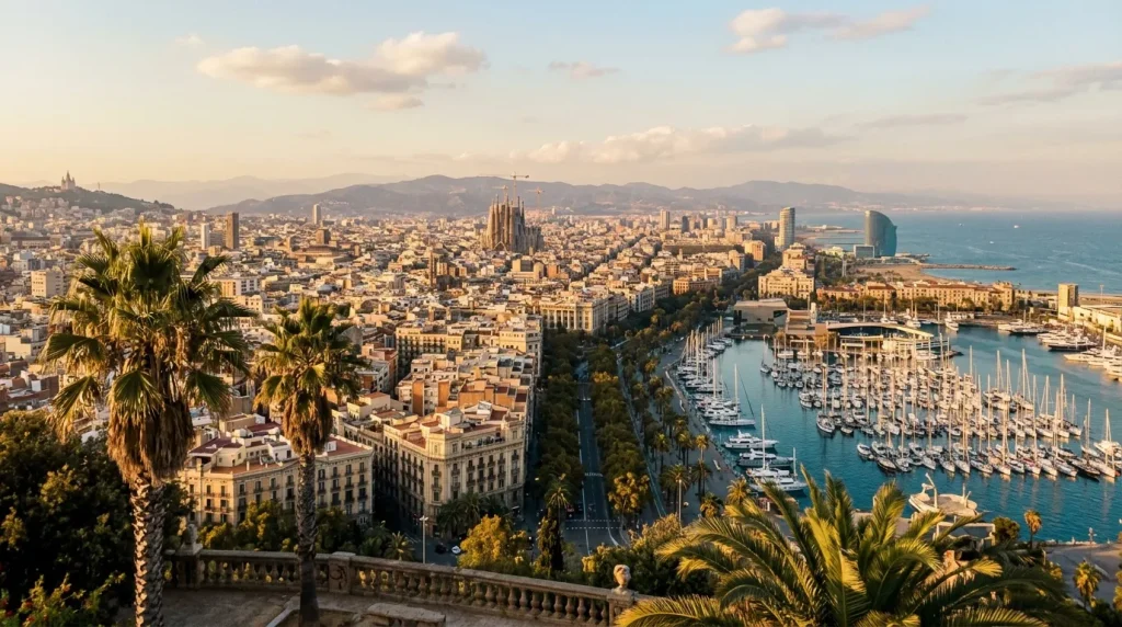 Vue aérienne de Barcelona avec Sagrada Familia, port et mer Méditerranée
