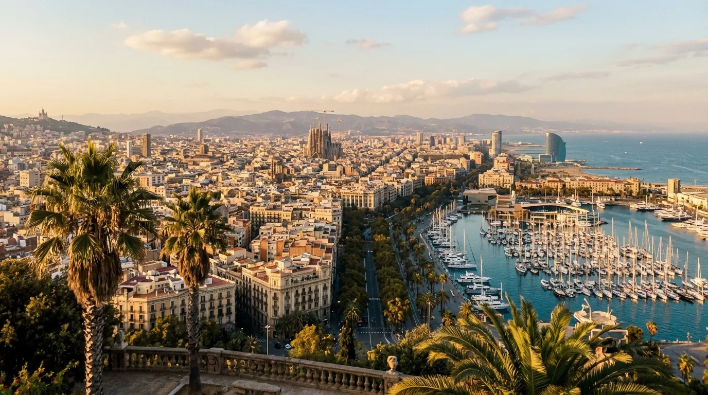 Vue aérienne de Barcelona avec Sagrada Familia, port et mer Méditerranée
