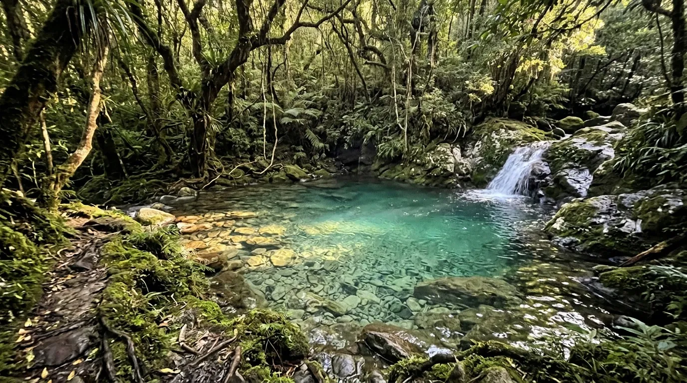 Cascade et bassin d'eau cristalline entourés de végétation luxuriante