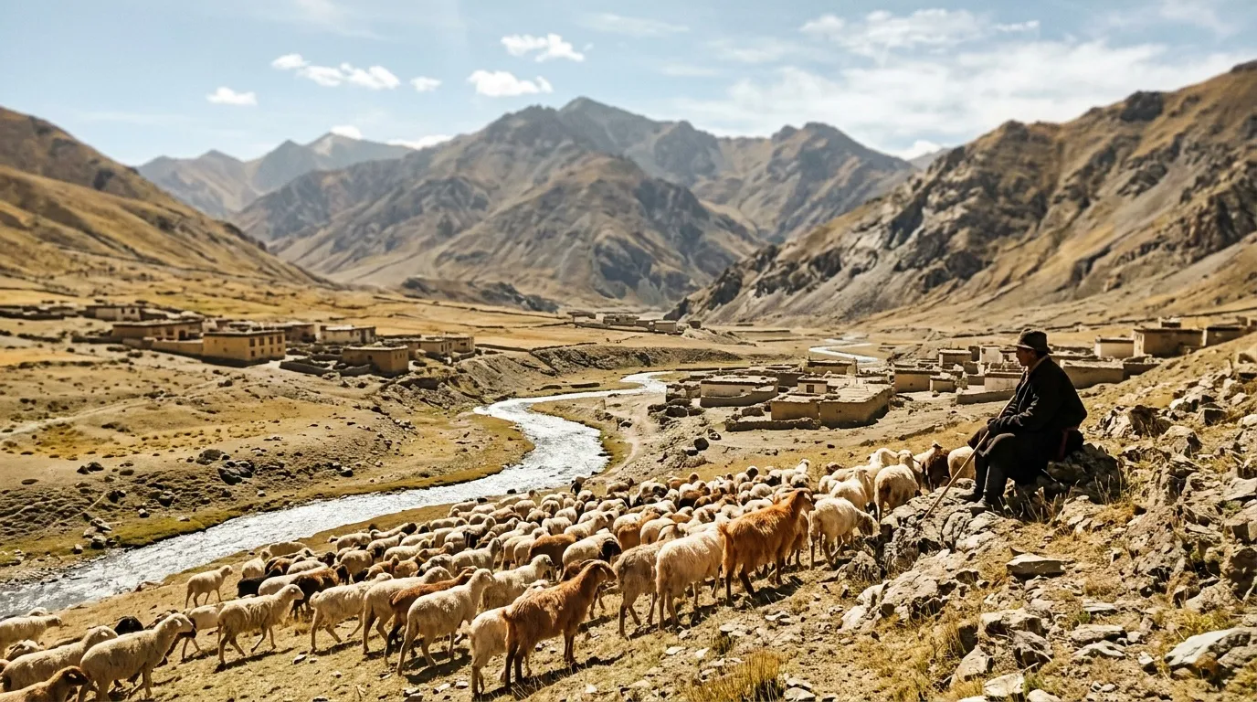 Berger gardant un troupeau de chèvres en vallée himalayenne