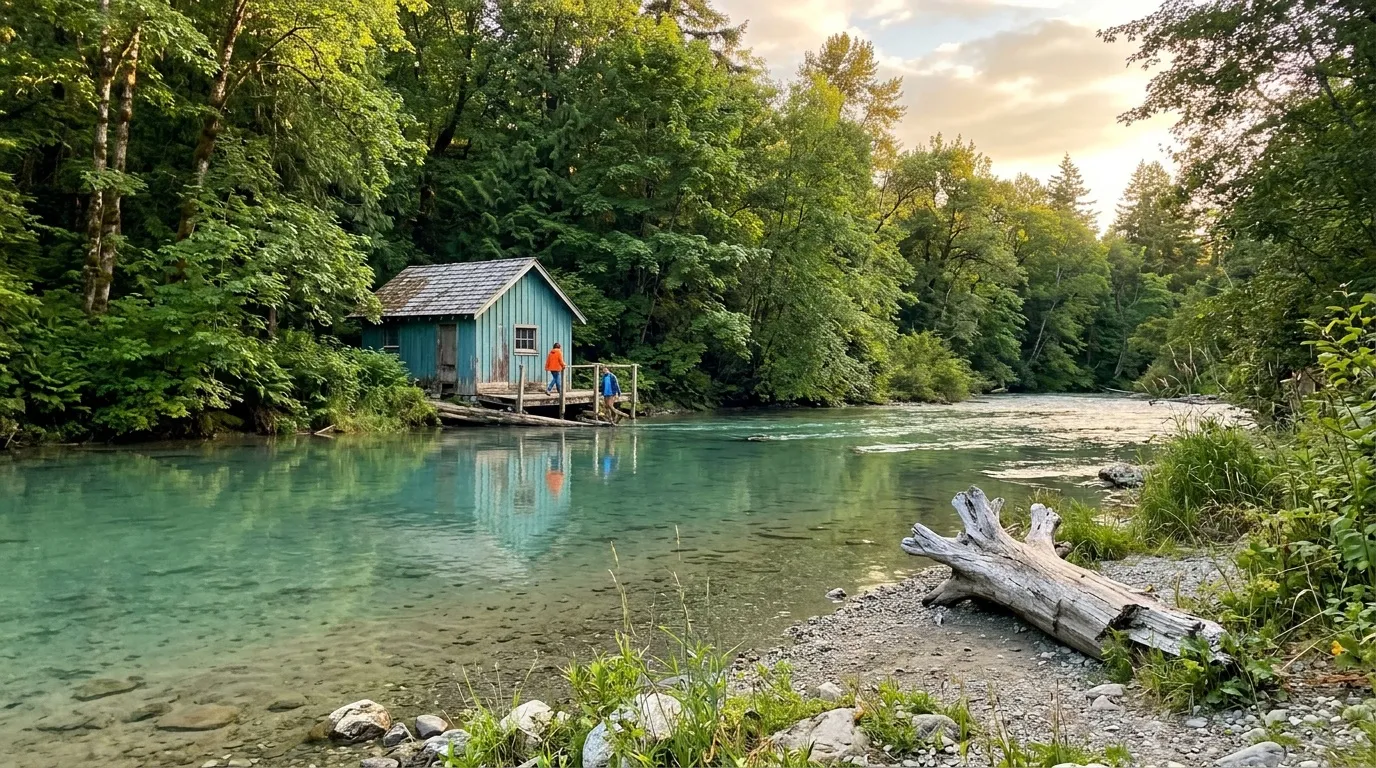Petite maison bleue au bord d'une rivière turquoise entourée de forêt