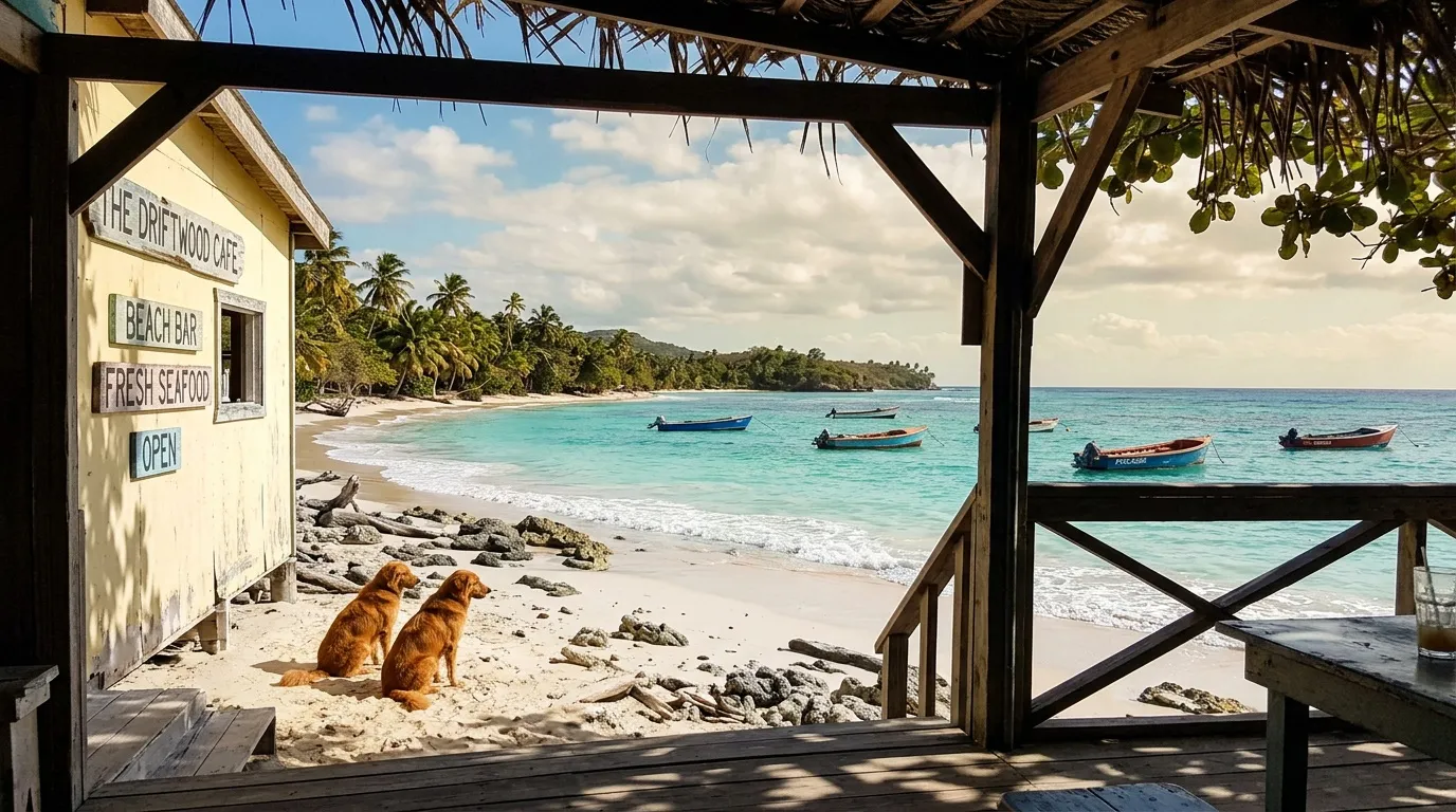 Deux chiens sur plage face café vue mer turquoise