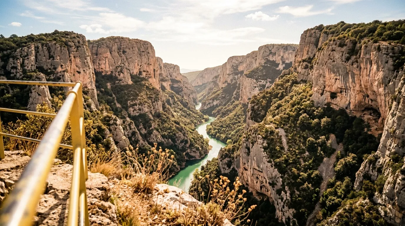 Gorge rocheuse profonde traversée par rivière verte