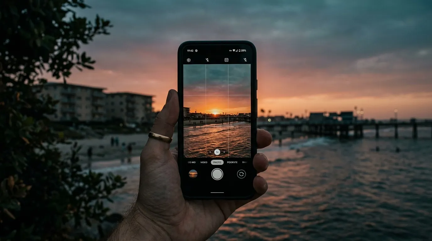 Main tenant un smartphone photographiant un coucher de soleil sur la plage