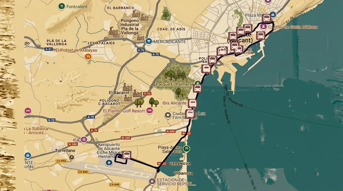 Carte géographique montrant routes, villes et points d'intérêt Alicante