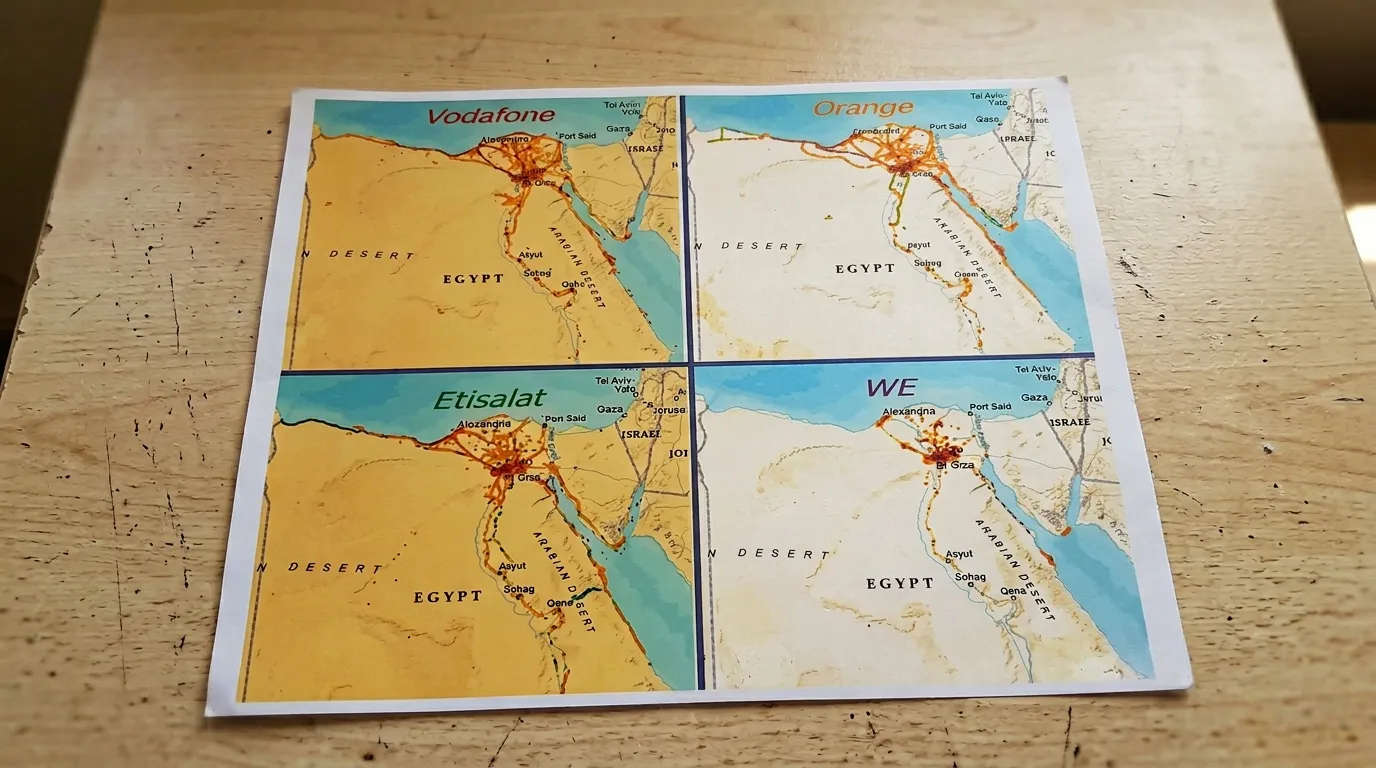Quatre cartes montrant la couverture réseau en Égypte: Vodafone, Orange, Etisalat, WE