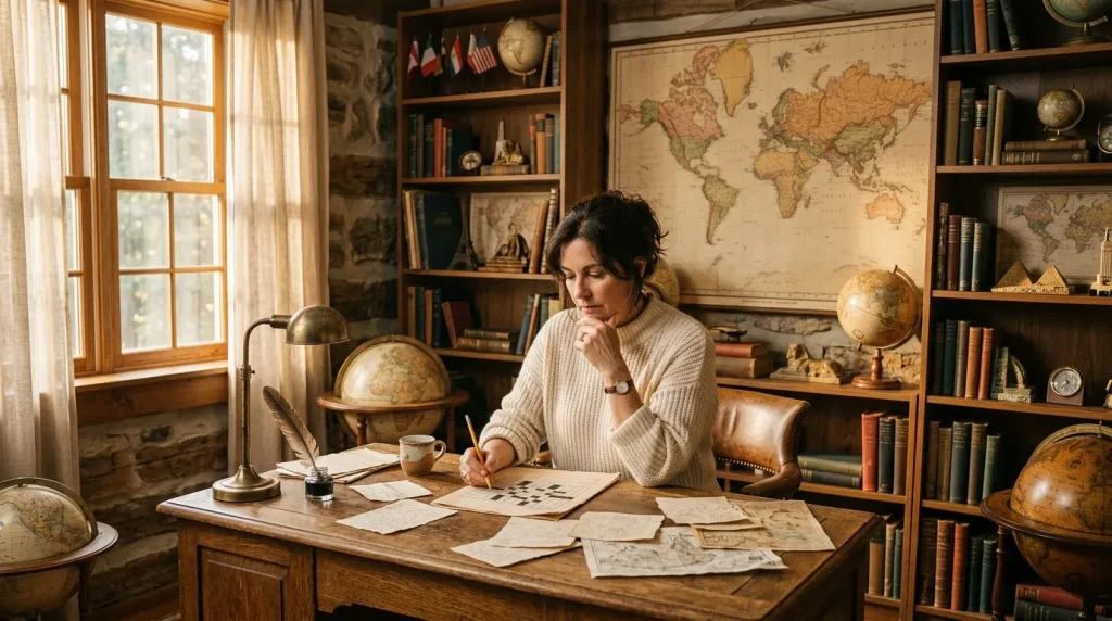 Femme écrivant à son bureau entouré de globes et cartes