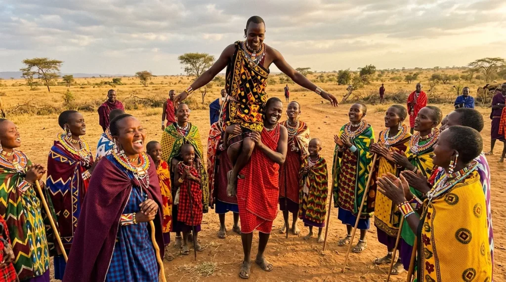 Communauté Maasai dansant et célébrant ensemble en savane