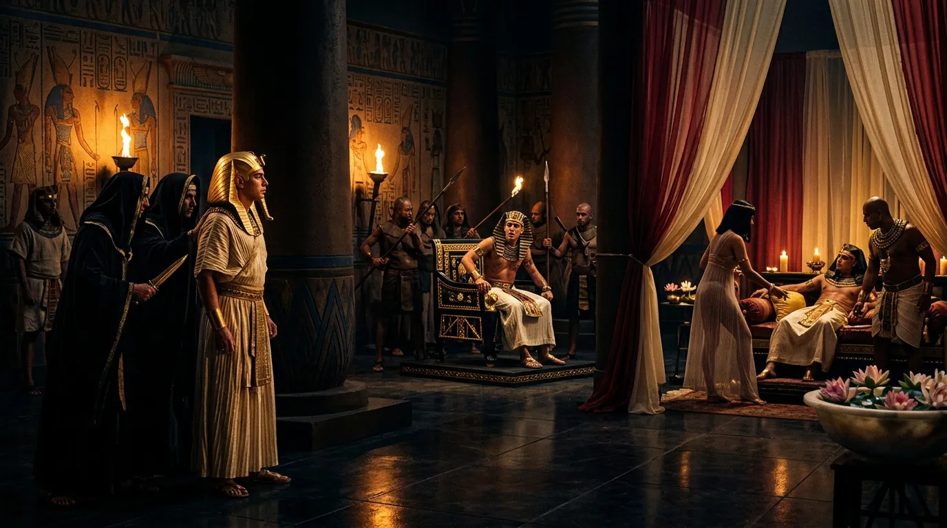Reconstitution théâtrale d'une cour égyptienne antique avec pharaon
