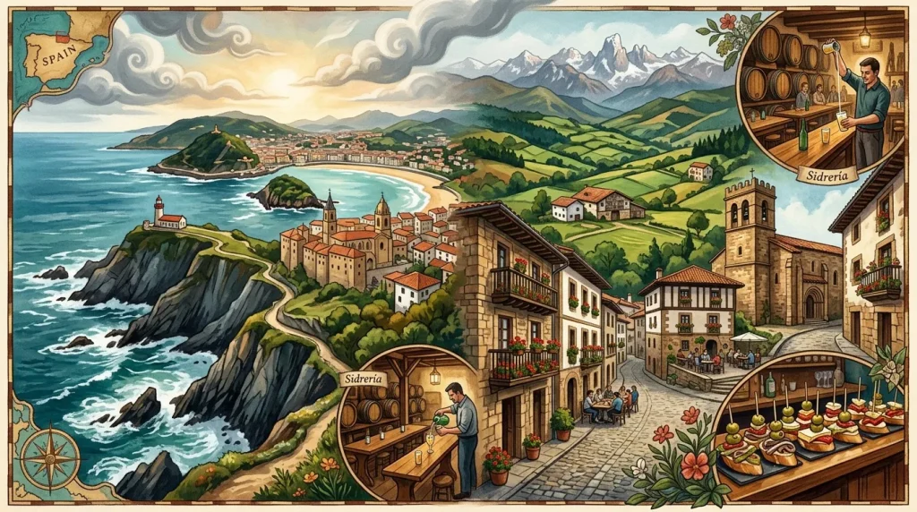 Illustration du Pays Basque: côte, village, siderie, montagnes