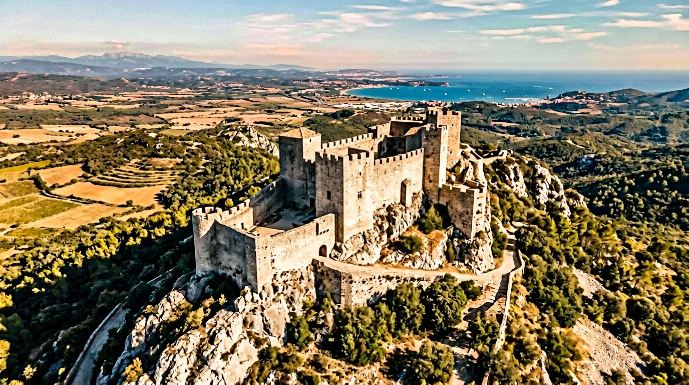 Forteresse ancienne surplombant vallée et mer Méditerranée