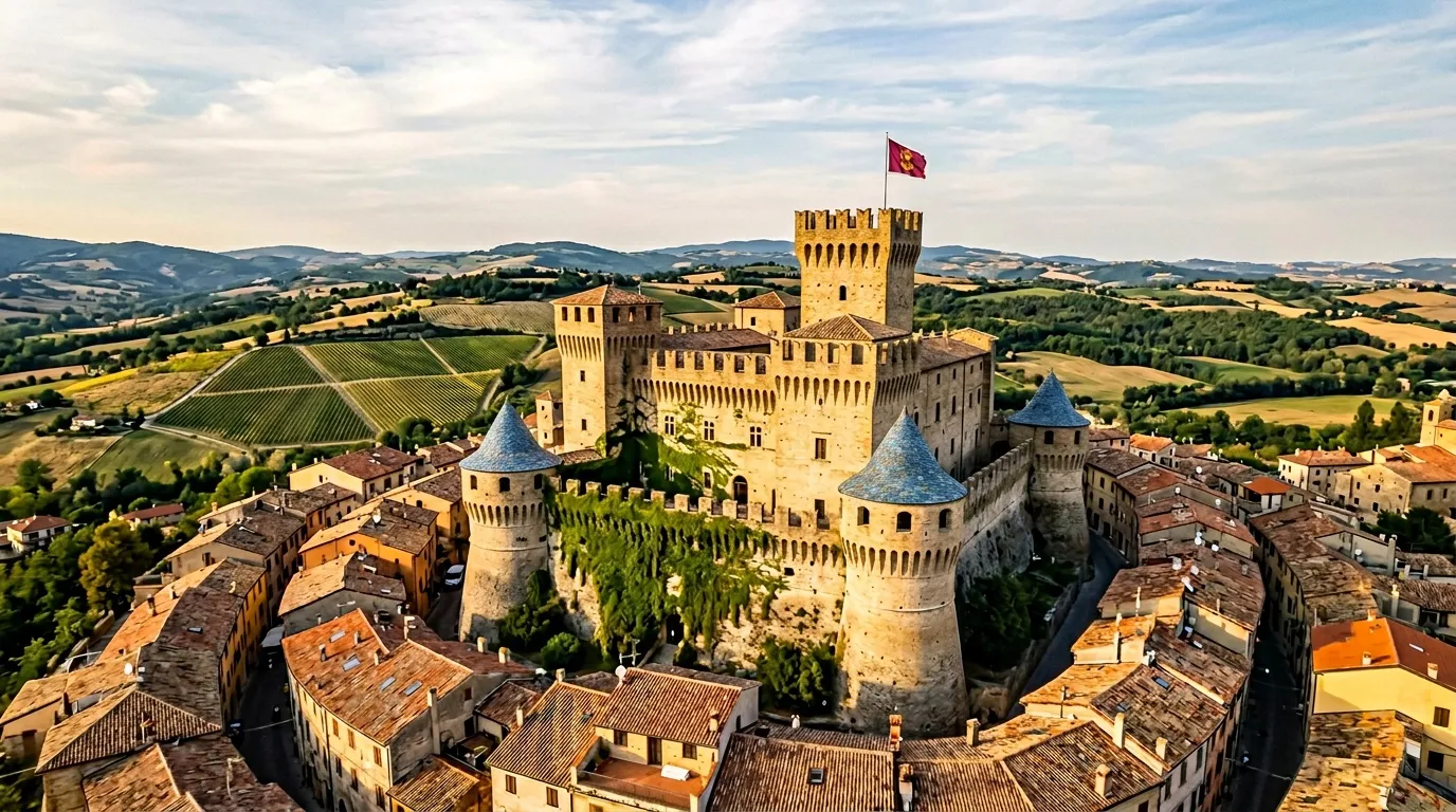 Forteresse médiévale avec tours, drapeau, entourée de villages toscans