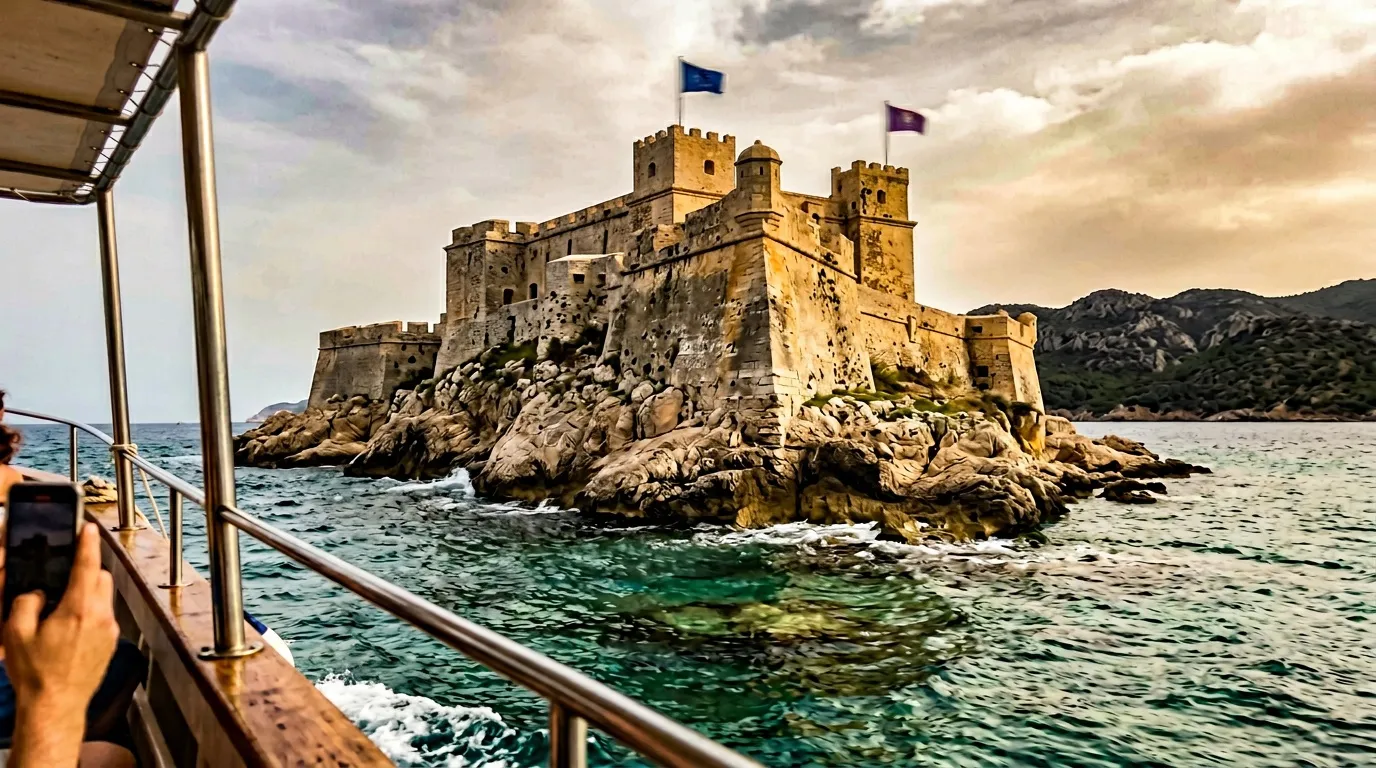 Vue depuis bateau d'un château fortifié sur îlot rocheux en mer