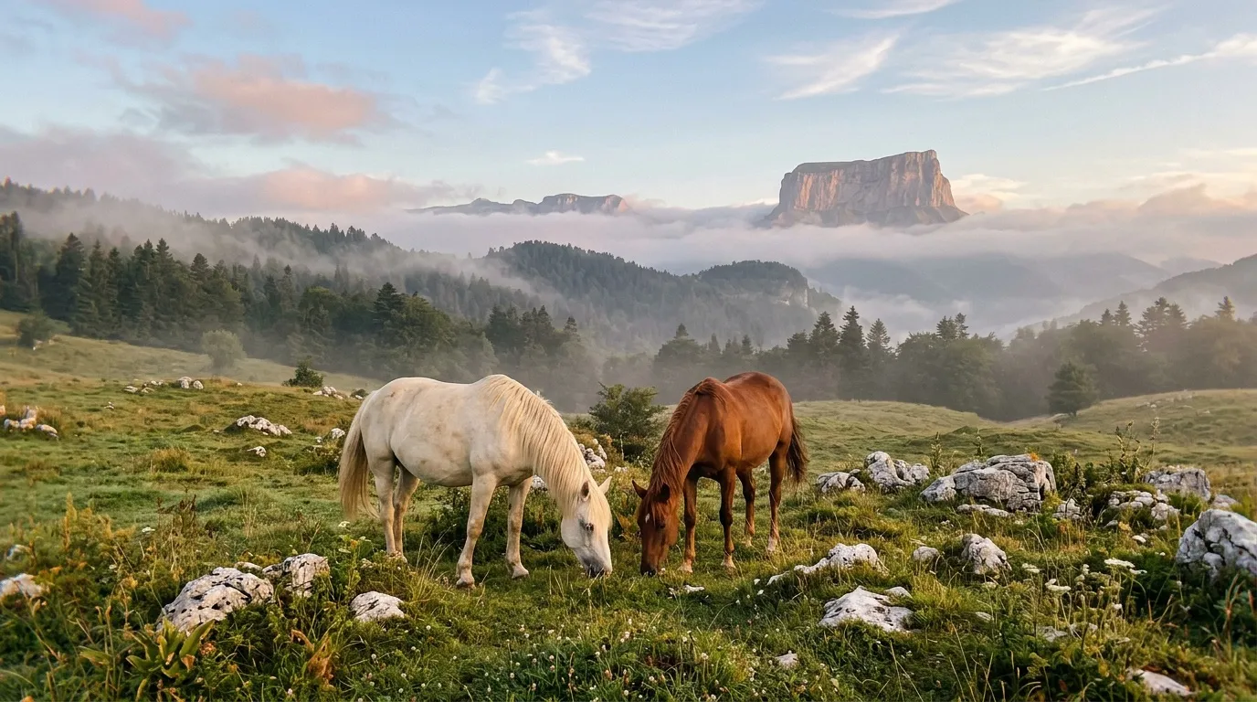 Deux chevaux paissent dans un pré alpin brumeux