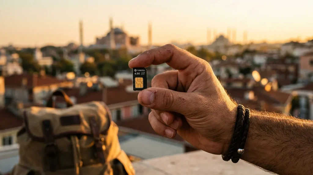 Main tenant une carte SIM Turkcell avec Istanbul en arrière-plan