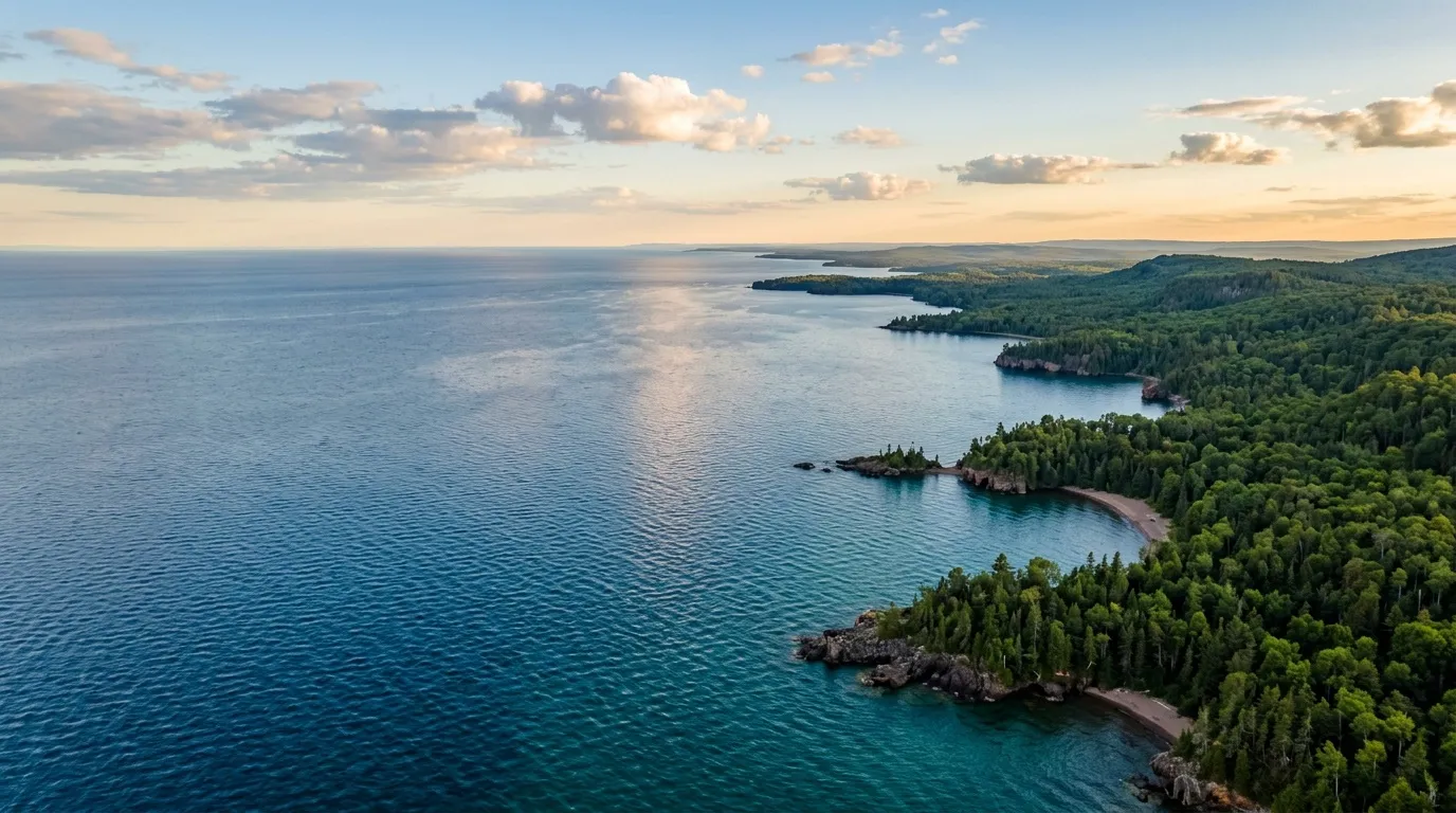 Littoral rocheux forestier longeant un immense lac bleu