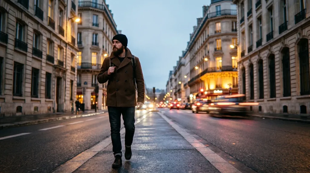 Homme jogging seul dans rue parisienne éclairée