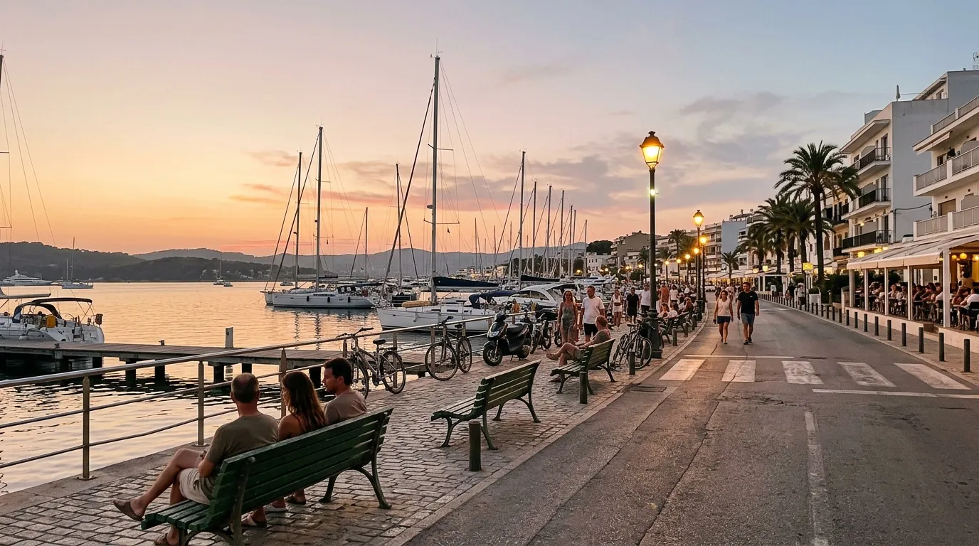 Port de plaisance au coucher du soleil avec voiliers et promenade côtière animée