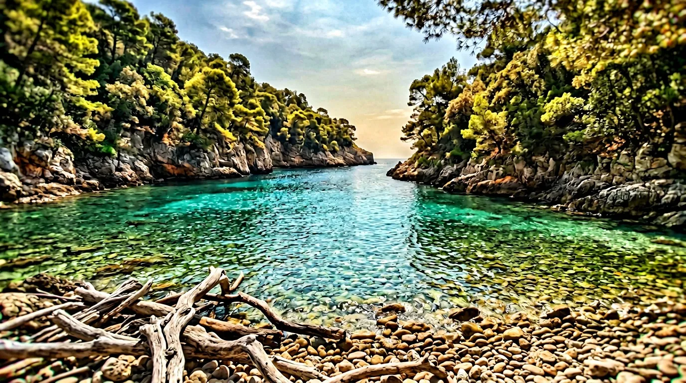 Baie rocheuse avec eaux cristallines turquoise et végétation méditerranéenne