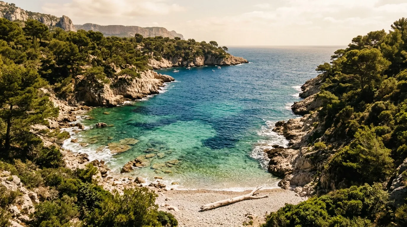 Petite plage isolée avec eau cristalline entourée de falaises