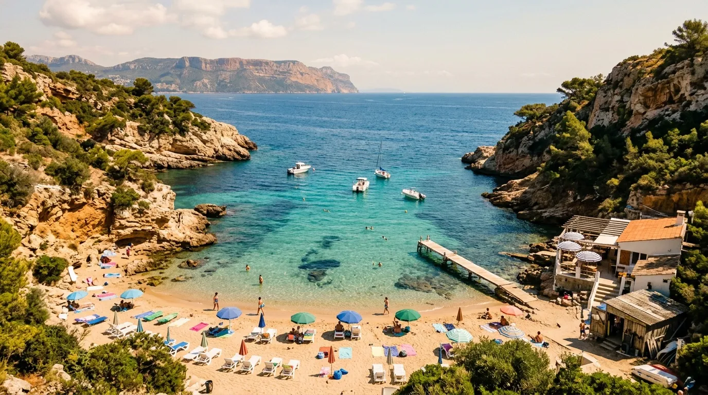 Plage paradisiaque avec bateaux et falaises rocheuses