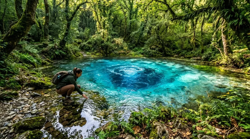 Randonneur admirant une source d'eau turquoise en forêt tropicale