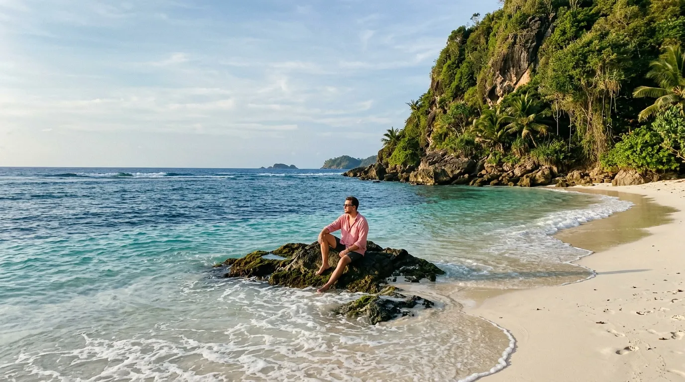 Homme assis sur un rocher, plage tropicale avec falaise verdoyante
